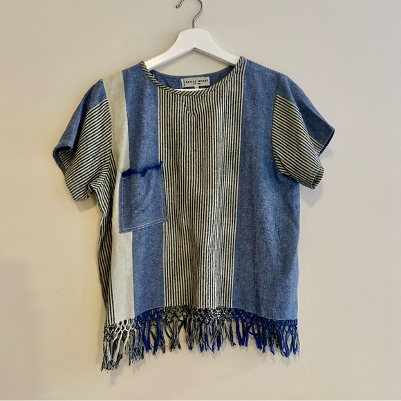 Apiece Apart Tops - Apiece Apart Navy Blue White Stripe Top Boho Fringe Silk Contrast Short Sleeve